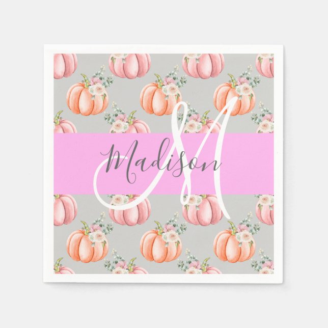 Girly Blommigt Grått Rosa Peach Pumpkin Monogram N Pappersservett (Framsidan)