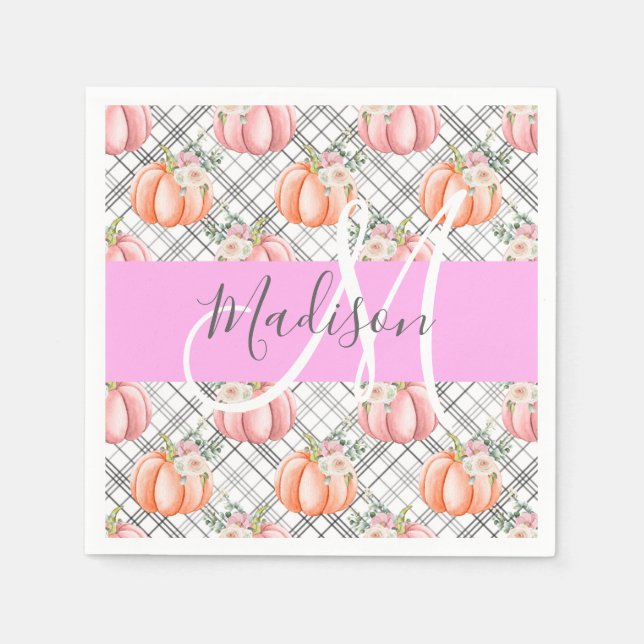 Girly Blommigt Grått Rosa Peach Pumpkin Monogram N Pappersservett (Framsidan)