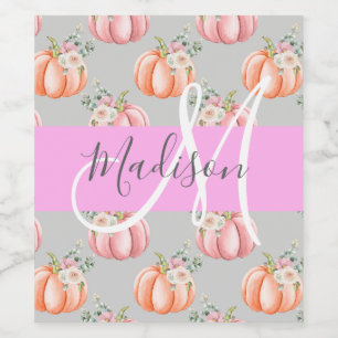 Girly Blommigt Grått Rosa Peach Pumpkin Monogram N Vinflaska Etikett