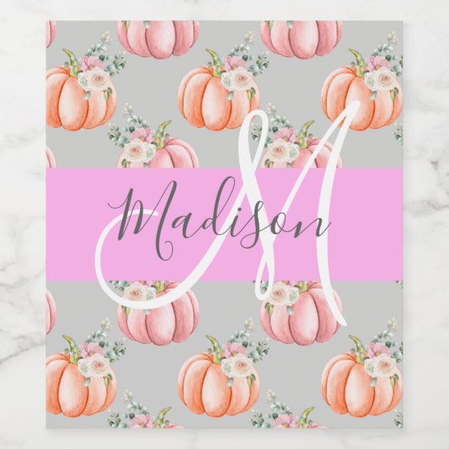 Girly Blommigt Grått Rosa Peach Pumpkin Monogram N Vinflaska Etikett (Singel etikett)