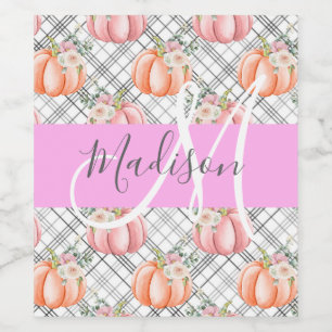 Girly Blommigt Grått Rosa Peach Pumpkin Monogram N Vinflaska Etikett