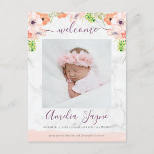 Girly Blommigt Marble Photo Birth Notice Vykort