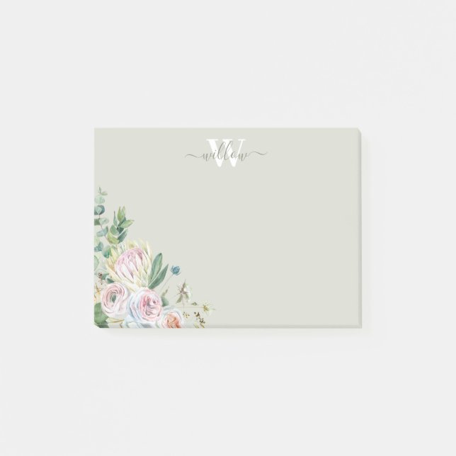 Girly Blommigt Monogram Greenery Post-it Notes Block (Framsida)