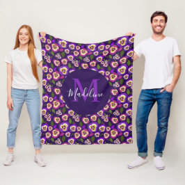 Girly Blommigt Pansies Mönster Lila Monogram Fleecefilt
