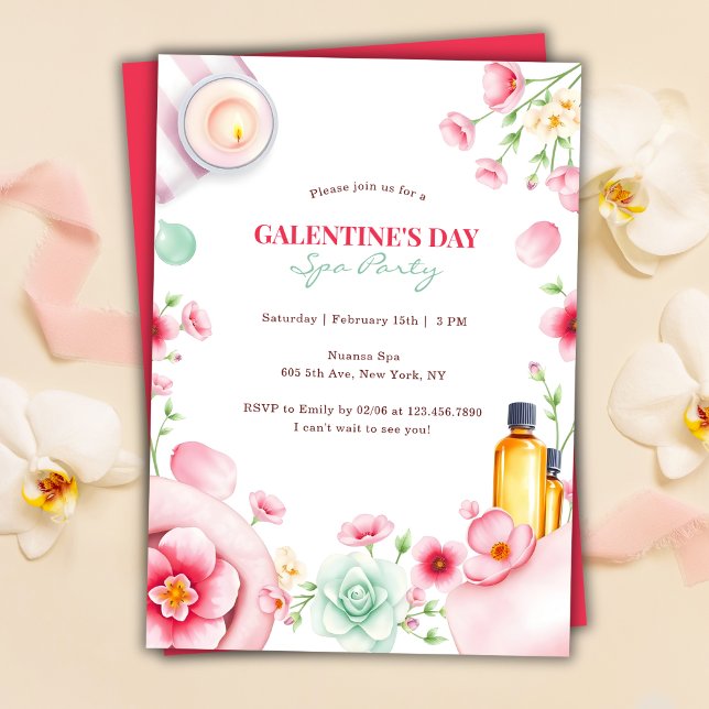 Girly Blommigt Relaxing Spa Party Galentine's Day Inbjudningar (Girly Floral Relaxing Spa Party Galentine’s Day Invitation)