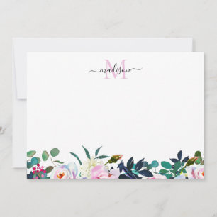 Girly Blommigt Rosa Peony Botanical Monogram Anteckningskort