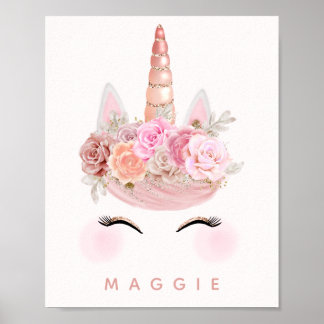Girly Blommigt Unicorn Ro Guld Personlig Poster