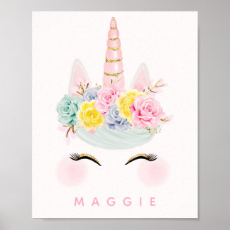Girly Blommigt Unicorn Rosa Guld Personlig Poster
