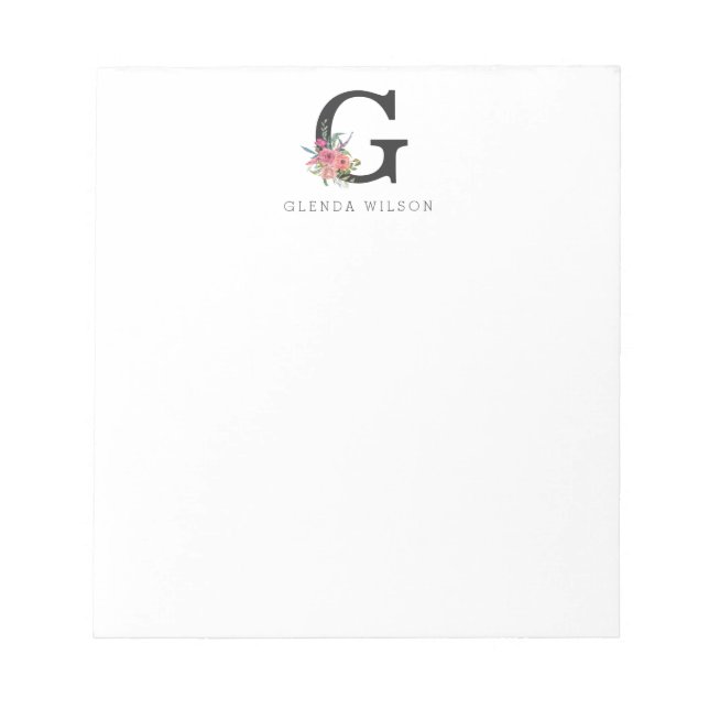 Girly Blommigt Watercolor Boho Rosa ros Monogram Anteckningsblock (Framsida)