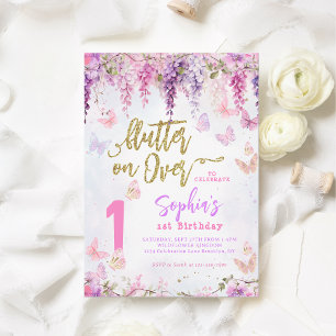 Girly Blommigt Wisteria Guld Butterfly Barns födel Inbjudningar