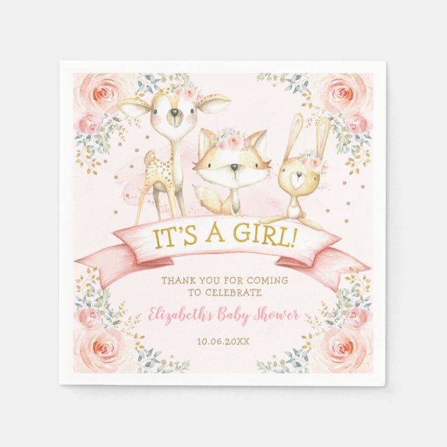 Girly  Blommigt Woodland Animals Baby Shower Pappersservett (Framsidan)