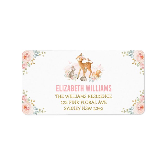 Girly  Blommigt Woodland Animals Returadress Adressetikett (Framsidan)