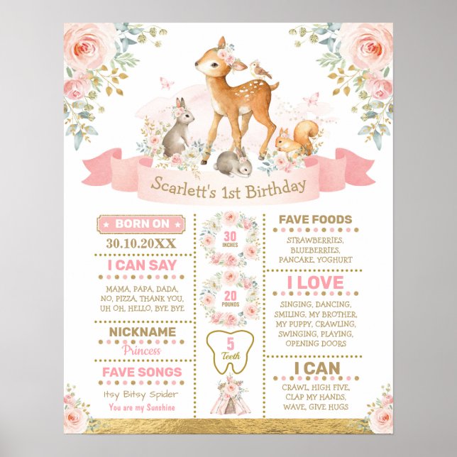 Girly Blommigt Woodland Hjort Birthday Chalkboard Poster (Framsidan)