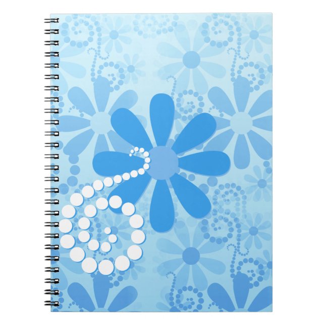 Girly Blue Blommigt Retro Flowers Anteckningsbok Med Spiral (Framsidan)