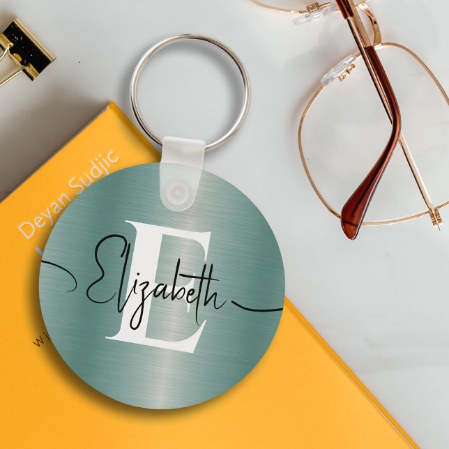 Girly Blue Brushed Metall Monogram och skript Namn Nyckelring (Skapare uppladdad)