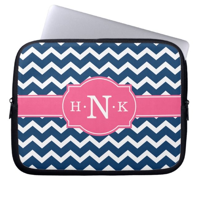 Girly Blue Chevron Rosa Monogram Laptop Sleeve (Framsidan)