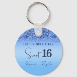 Girly Blue Faux Glitter Sparkly Sweet 16 Birthday Nyckelring