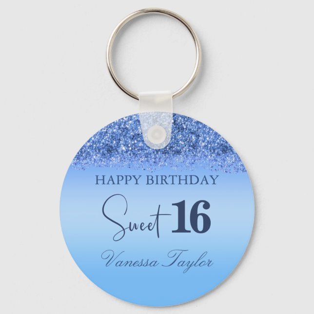 Girly Blue Faux Glitter Sparkly Sweet 16 Birthday Nyckelring (Framsida)