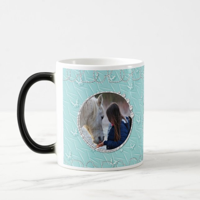 Girly Blue Faux Sparkly Two Photo Heart-accent Magisk Mugg (Vänster)
