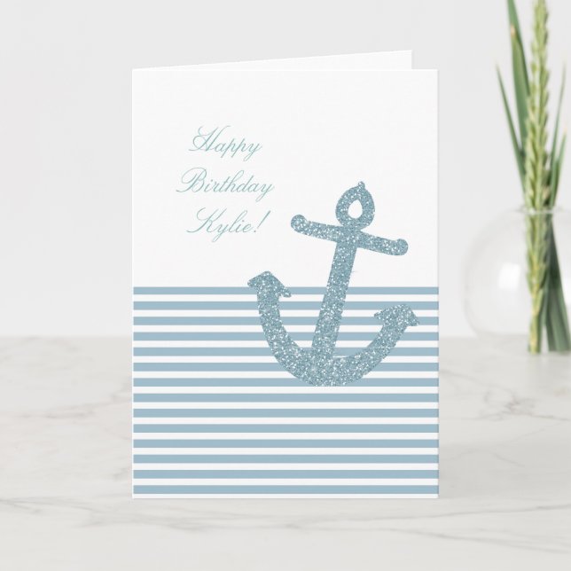 Girly Blue Glitter Anchor Birthday Kort (Framsida)