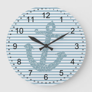 Girly Blue Glitter Anchor Stor Klocka