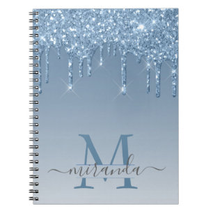 Girly Blue Glitter Drips Ombre Monogram Anteckningsbok