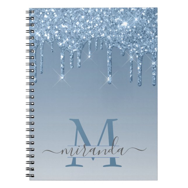 Girly Blue Glitter Drips Ombre Monogram Anteckningsbok (Framsidan)