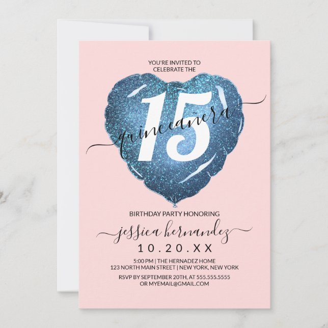 Girly  Blue Glitter Heart Balloon Quinceañera Inbjudningar (Framsida)