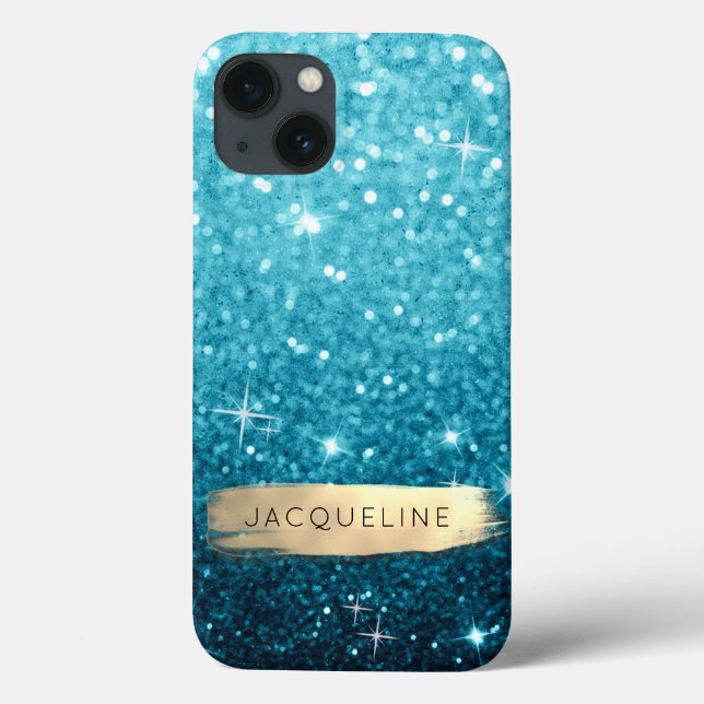 Girly Blue Glitter på Guld-penselstreck Namn (Baksida)