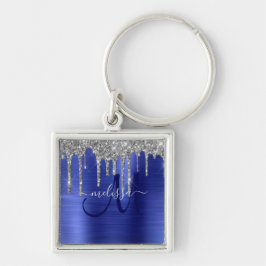 Girly Blue - Glitter Push Metall Monogram Fyrkantig Silverfärgad Nyckelring