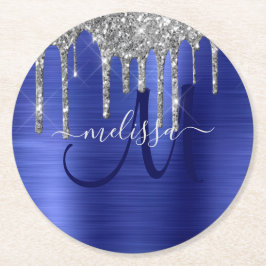 Girly Blue - Glitter Push Metall Monogram Underlägg Papper Rund