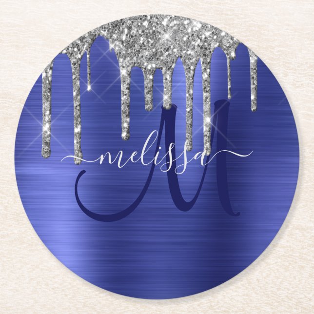 Girly Blue - Glitter Push Metall Monogram Underlägg Papper Rund (Framsidan)