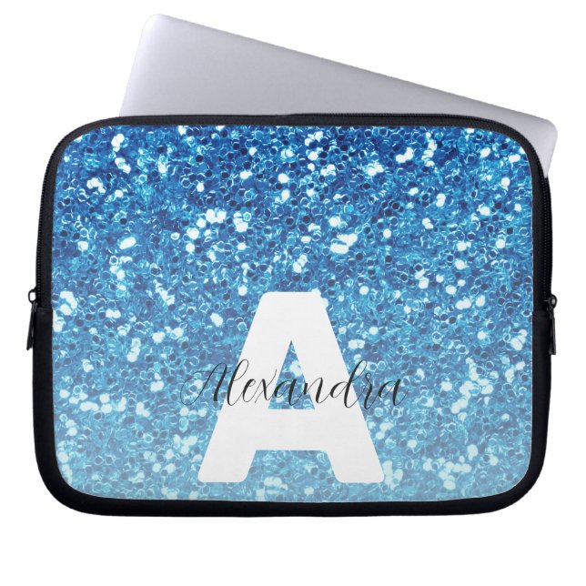 Girly Blue Glitter Sparkles Monogram Script Name Laptop Fodral (Framsidan)