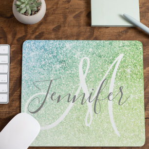 Girly Blue Grönt Glitter Sparkles Monogram Namn Musmatta