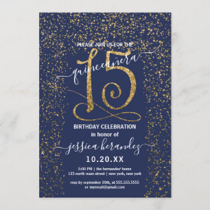 Girly Blue Guld Confetti Gräns Quinceañera Inbjudningar
