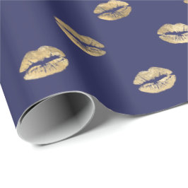 Girly Blue Guld Kiss Läppar Mönster Presentpapper