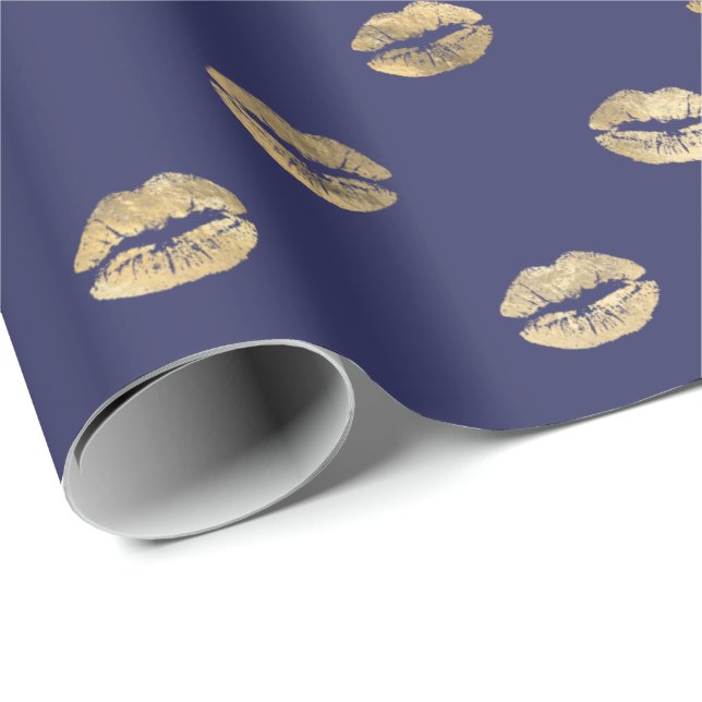 Girly Blue Guld Kiss Läppar Mönster Presentpapper (Rullad Hörn)