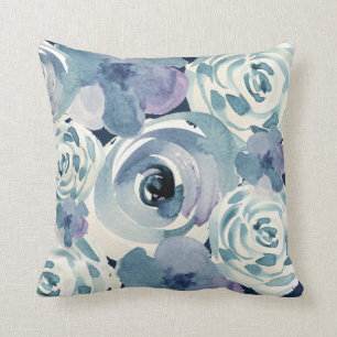Girly Blue Lila Grönt Ivory Watercolor Blommigt Kudde