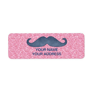 GIRLY BLUE MUSTACHE ROSA GLITTER PHOTO RETURADRESS ETIKETT