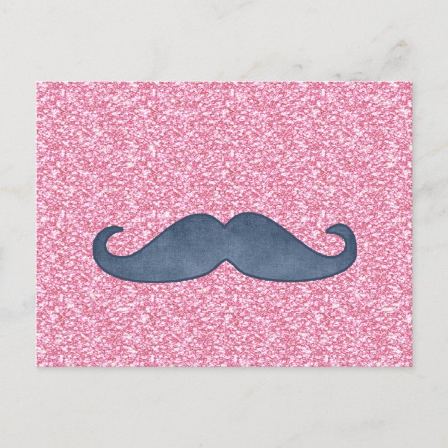 GIRLY BLUE MUSTACHE ROSA GLITTER PHOTO VYKORT (Framsida)