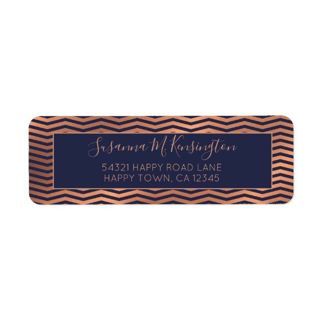 Girly Blue och Copper Ro Gold Foil Chevron Returadress Etikett (Framsidan)