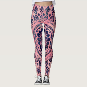 Girly Blue Rosa Mandala Blommigt Leggings