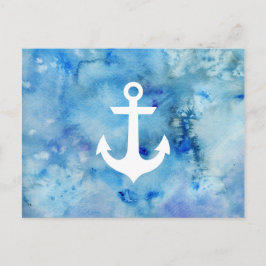 Girly Blue White Watercolor Nautical Anchor Vykort
