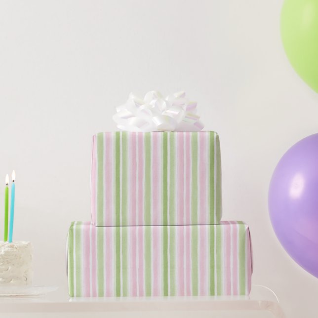 Girly Blush Pink Green Stripes Birthday Presentpapper (Festgåvor)
