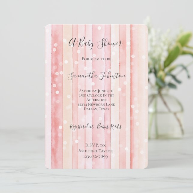 Girly Blush Pink Stripes White Dots Baby Shower Inbjudningar (Stående Fram)