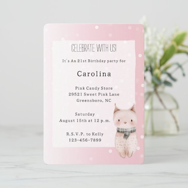 Girly Blush Pink White Dots Cat Birthday Inbjudningar (Stående Fram)