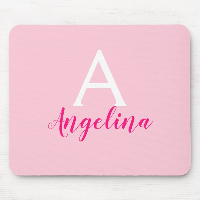 Girly Blush Rosa, Vit & Hot Pink Monogram Namn Musmatta (Framsidan)