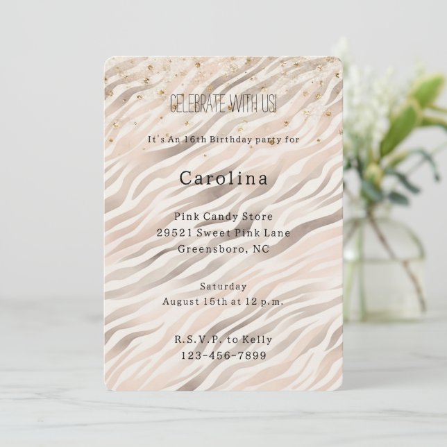 Girly Blush Zebra Gold Confetti Sparkle Birthday Inbjudningar (Stående Fram)