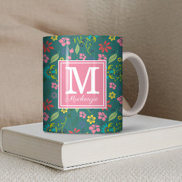 Girly Bohemian Colorful Flowers Teal Monogram Kaffemugg
