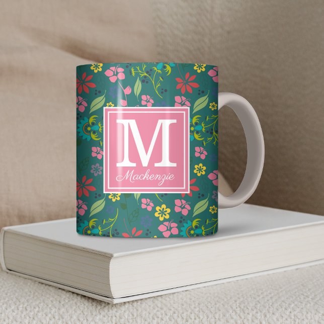 Girly Bohemian Colorful Flowers Teal Monogram Kaffemugg (Girly Bohemian Colorful Flowers Teal and Pink Monogram Coffee Mug)